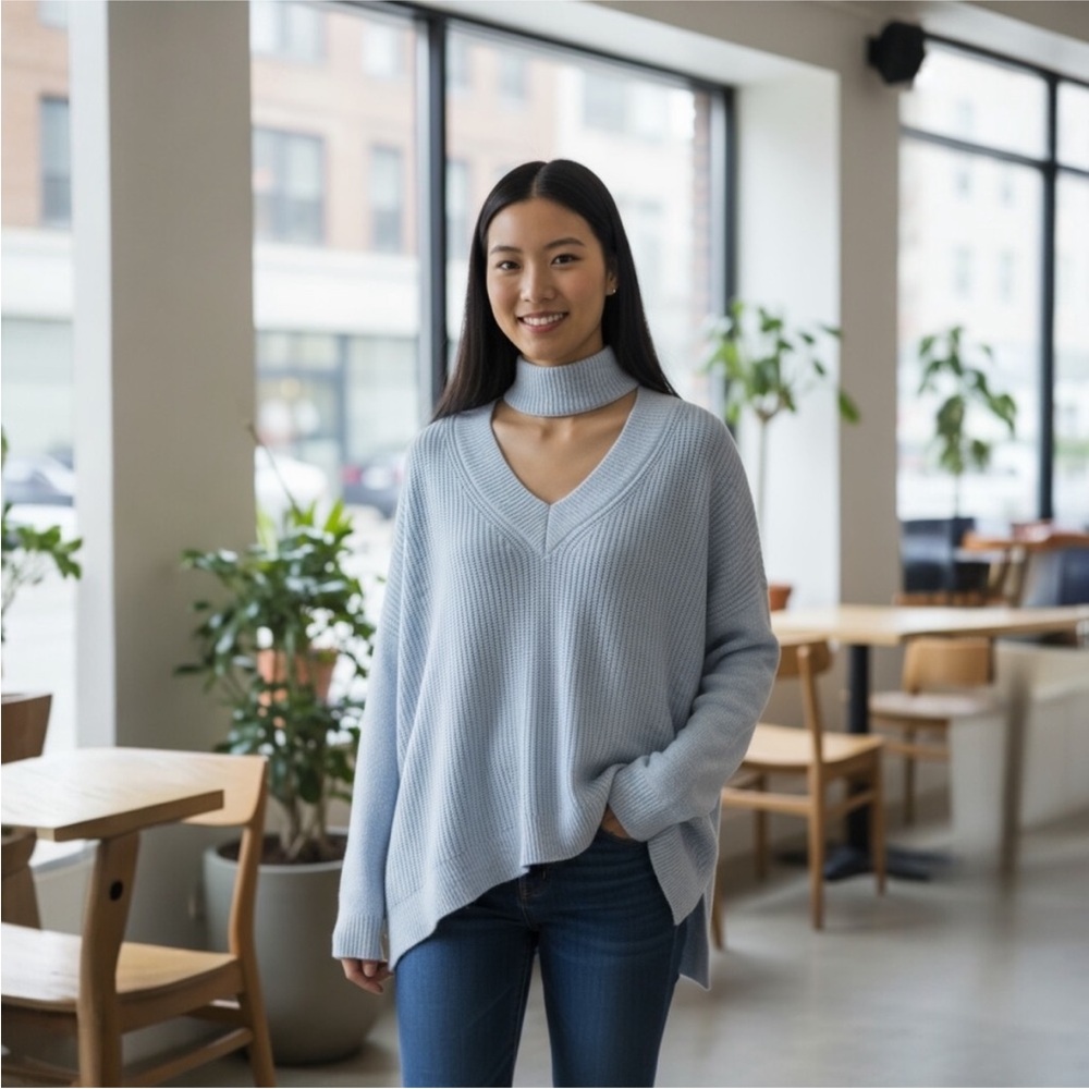 White House Black Market Soft Blue V-Neck Sweater - Picture 2 of 6